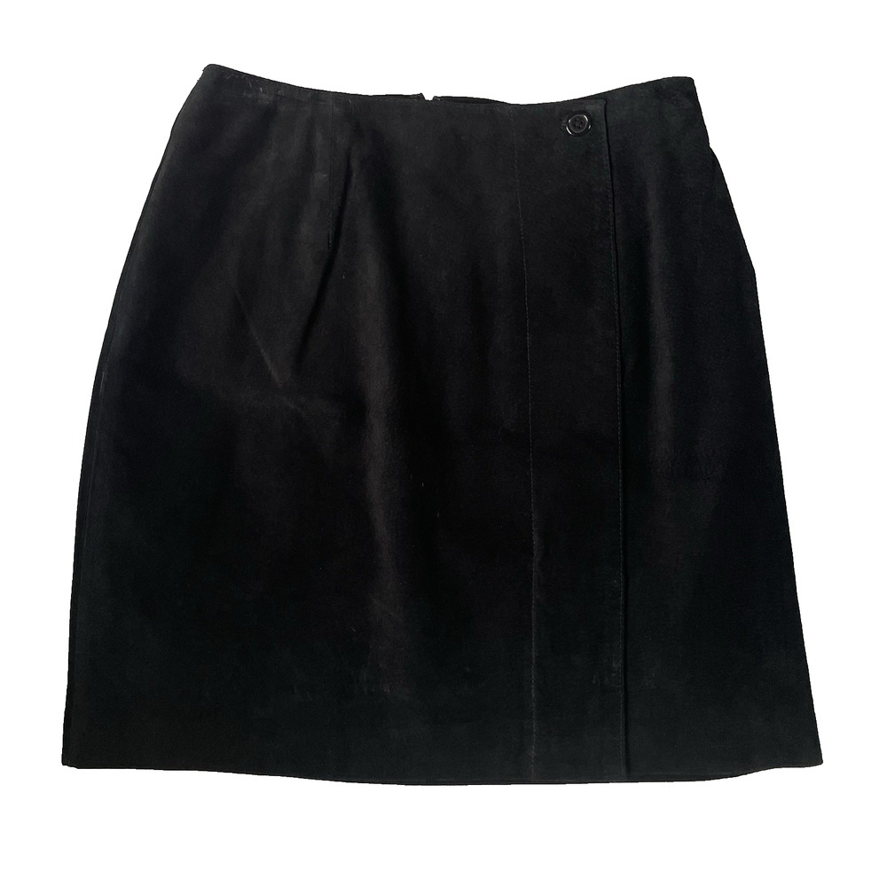 Vtg Coldwater Creek Suede Skirt PM‎ Black Minimalist Midi Lined Genuine Leather